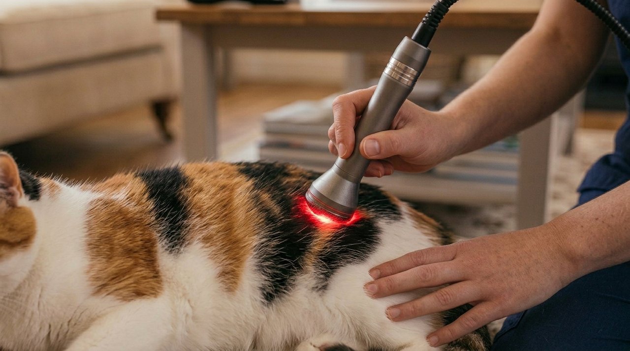 Cat receiving Class IV pet laser therapy during a calm home appointment