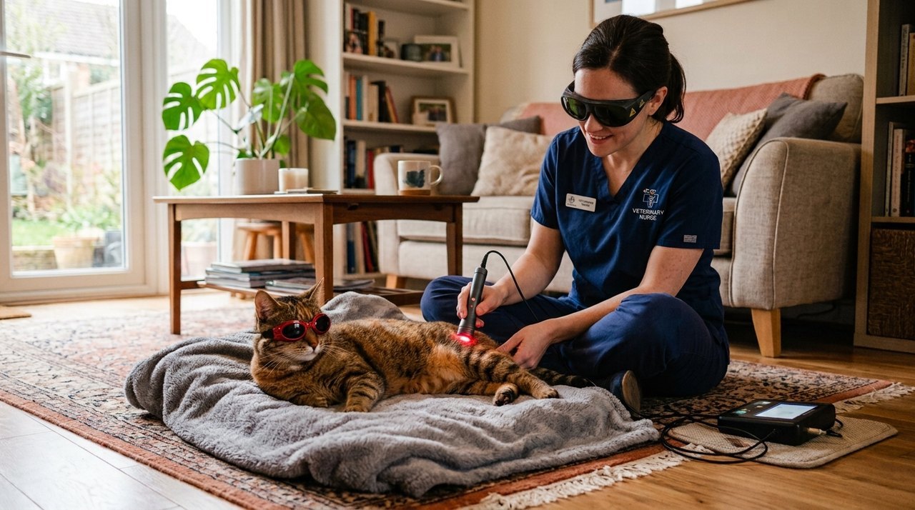 Registered Veterinary Nurse providing laser therapy for a cat during a calm home visit