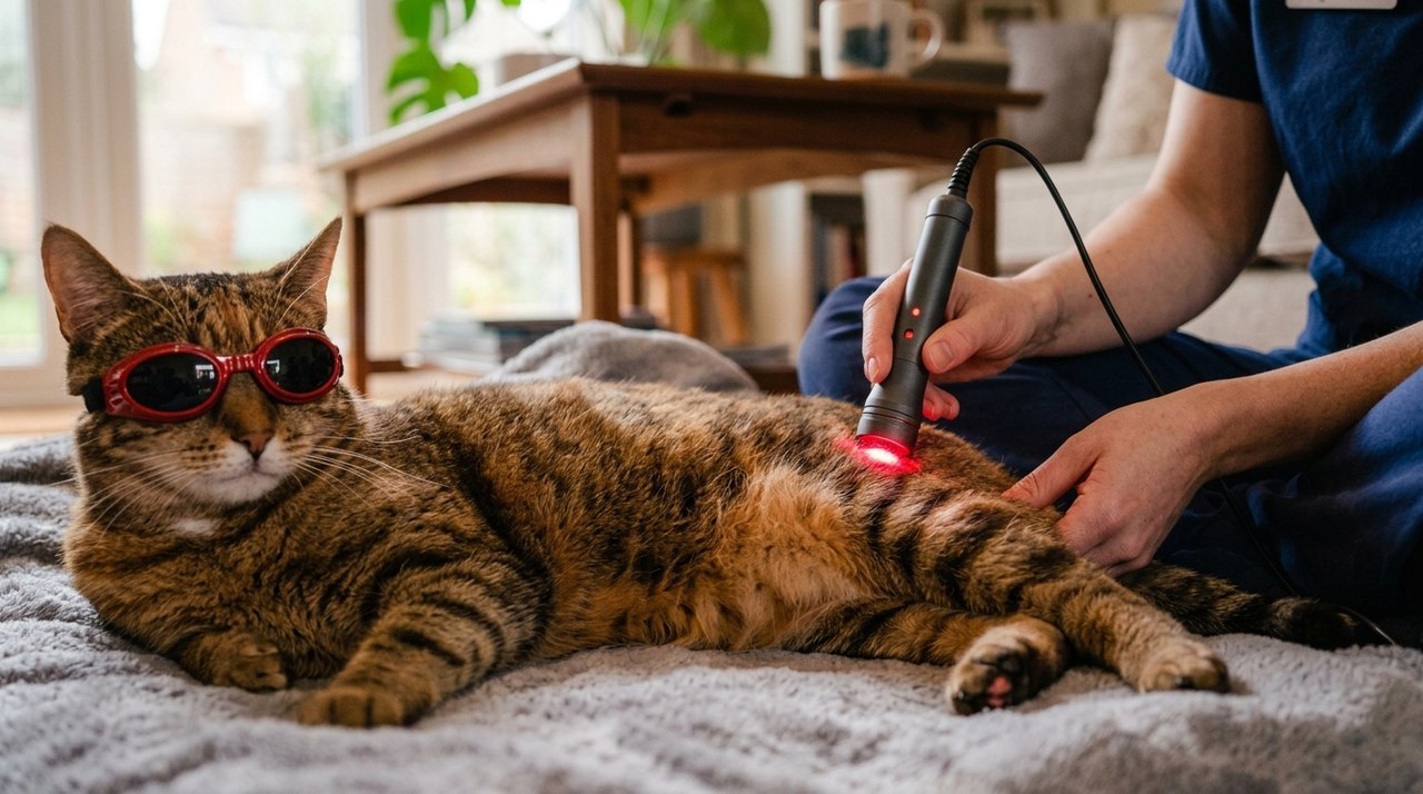 Cat receiving Class IV laser therapy during a calm home appointment