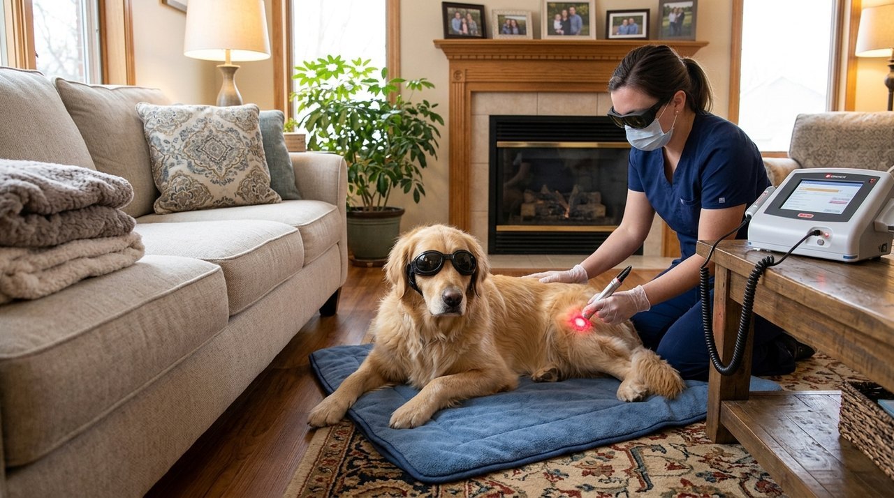 Registered Veterinary Nurse providing laser therapy for a dog during a home visit