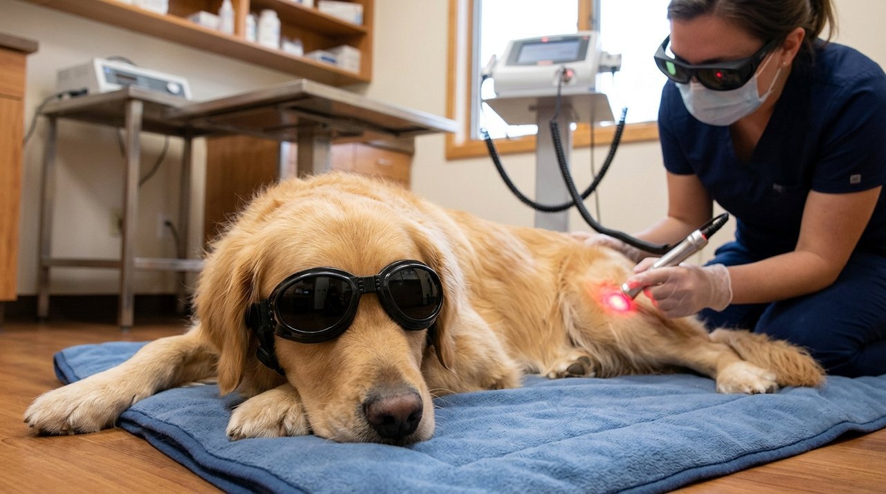 Dog receiving Class IV laser therapy during a calm home appointment
