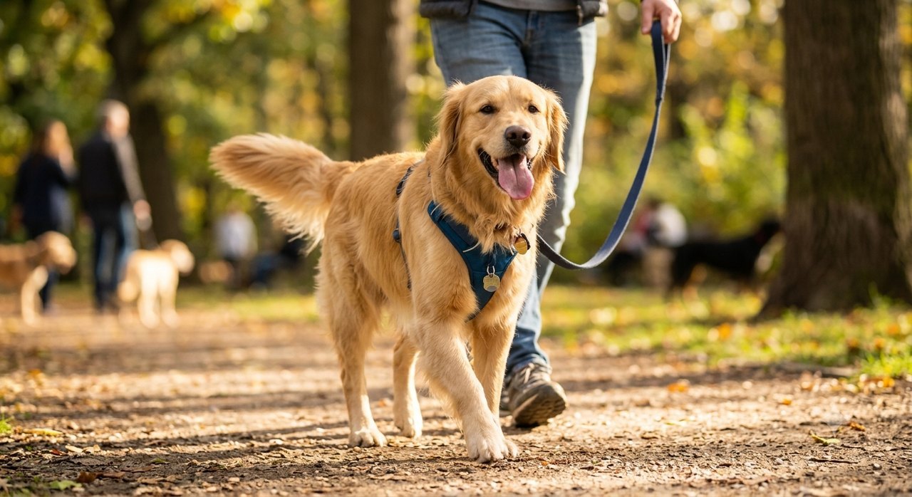 Golden retriever walking comfortably outdoors as part of pet mobility support
