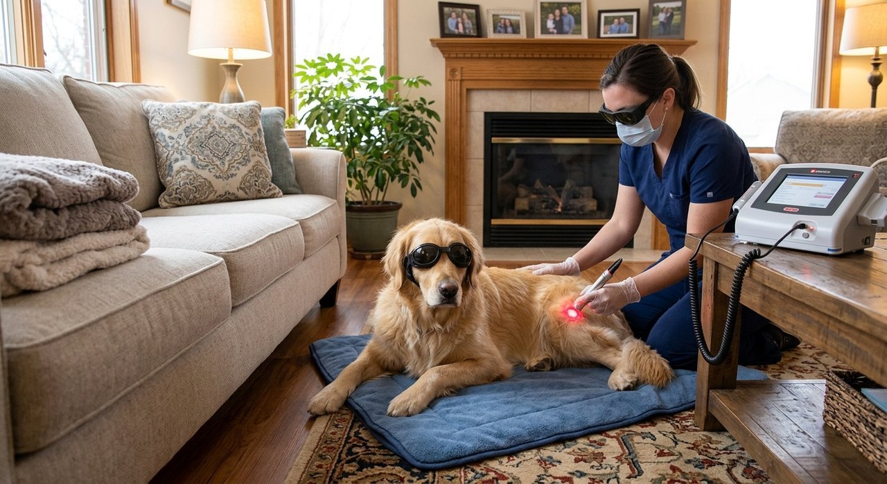 Registered Veterinary Nurse providing mobile pet laser therapy to a dog at home