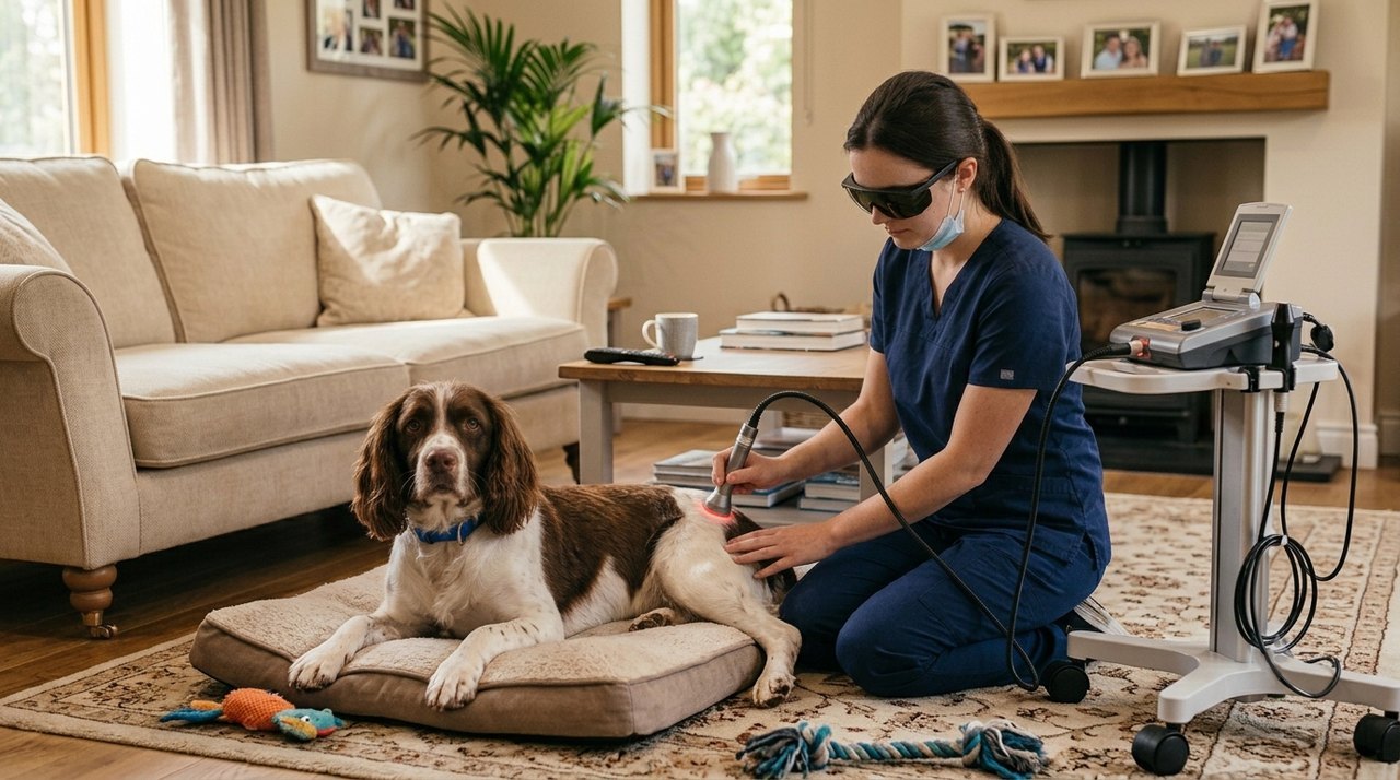 Registered Veterinary Nurse providing mobile pet laser therapy to a dog resting calmly at home